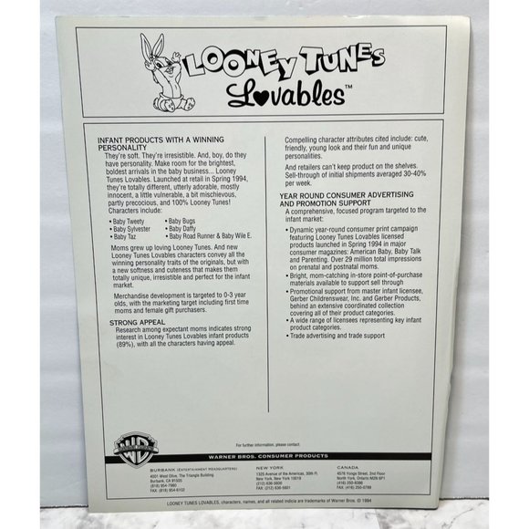 Looney Tunes Lovables Warner Brothers Consumer Products Advertising Sheet Promo - Picture 2 of 7